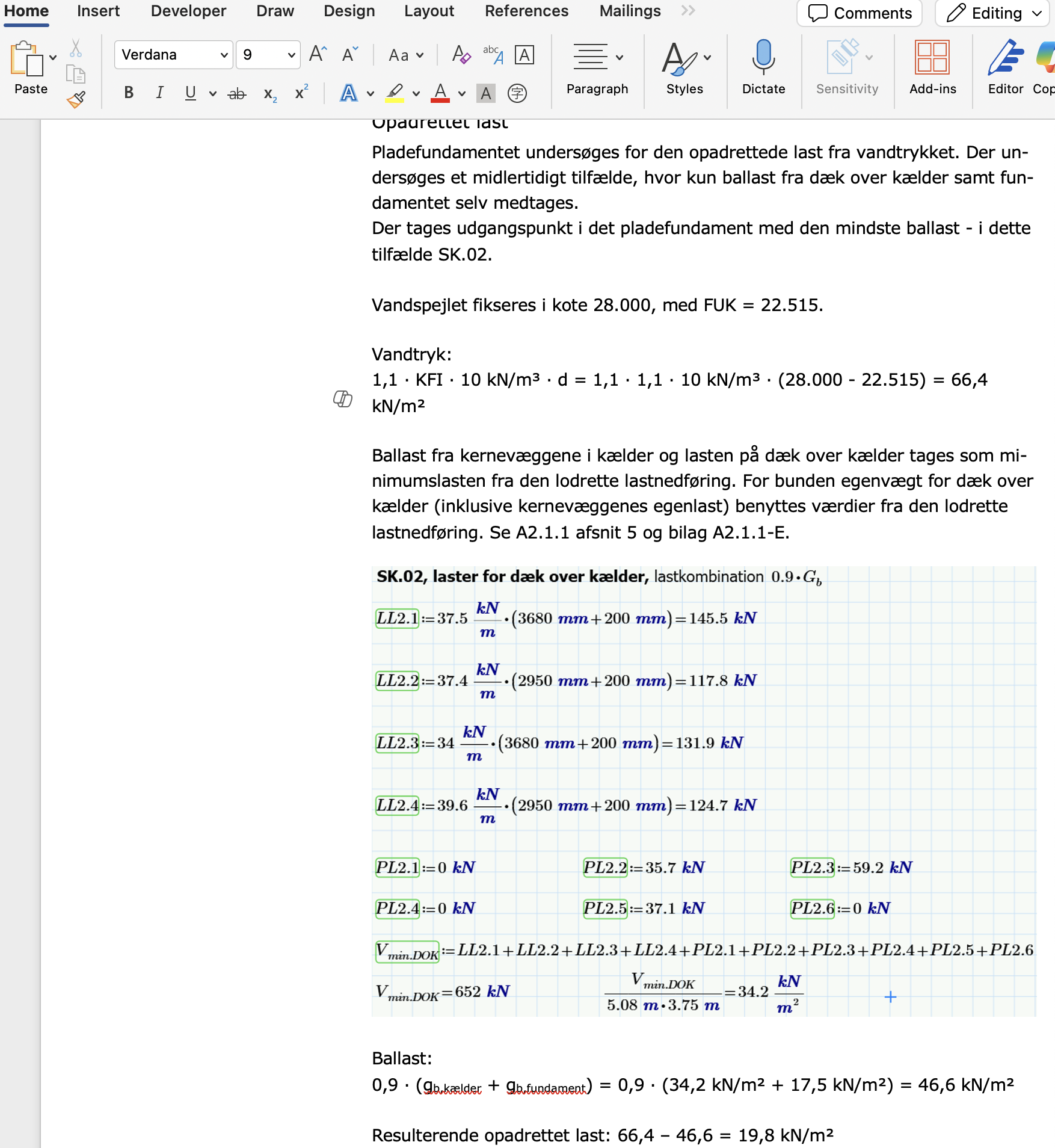 Engineering calculation screenshots pasted into Microsoft Word from Mathcad